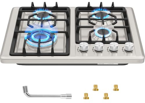 Plaque Gaz 4 Feux Inox, Plaque de Cuisson Gaz 4 feux Encastrable, Table Gaz 60cm, Convient pour le Gaz Naturel ou le Gaz Propane