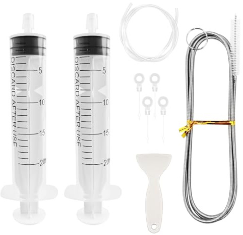 9 Pezzi Kit Pulizia Frigorifero, Pulizia Frigorifero Foro di Scarico, Con 1 Spazzolas Frigorifer 1.5m, 2 Siringa da 20 ml, 1 Tubo Pulizia 1.5m, 1 Raschietto, 4 Tappo Foro di Scarico