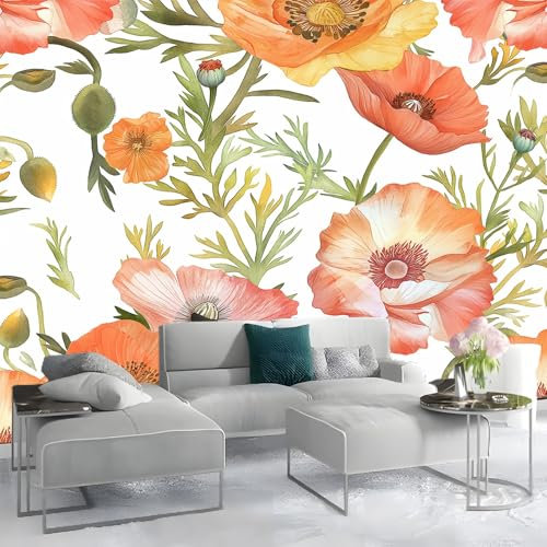 Vliestapete Aquarell Mohnblumen 400 x 280 cm Tapete Gelb Fototapete 3d Effekt - Wanddekoration fur Wohnzimmer - Wandtapete Einfach zu Montieren