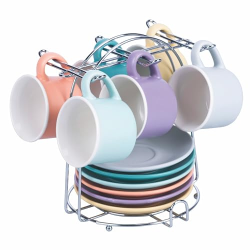 Villa d'Este Home Tivoli Set 6 tazzine caffè 90 ml con piattino, in porcellana New Bone China, stand in ferro, Daily