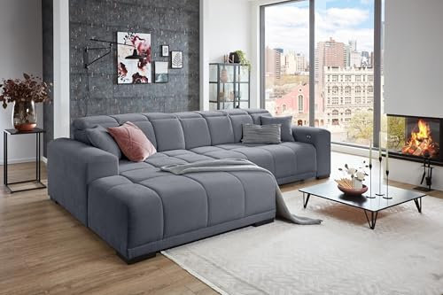 möbelando Wohnlandschaft >Puppet< in grau, Ottomane Links, elektrische Sitztiefenverstellung, Metallfüße schwarz, Nosagunterfederung, Polyätherschaum, inkl. 2 Zierkissen, 301x81-113x195 cm (BxHxT)