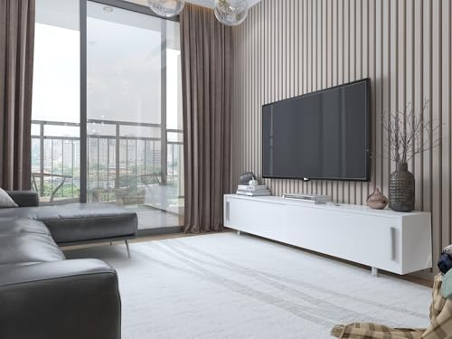 Hanah Home Modern White TV Stand, 180 cm x 40 cm x 30 cm | 100% Melamine Coated Particle Board, 18 mm Thick | Wall-Mountable, Multiple Shelves, Stylish Storage Solution
