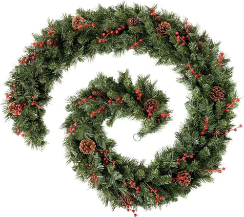 2.7M / 9FT Extra Thick Mixed Pine Garland with Cones and Berries, Christmas Garland Decorations Xmas Fireplace Pine Berry Garland 300 Tips (Without LED)