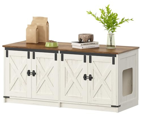 Hzuaneri Armario para Gatos, Mueble Arenero Gato para 2 Gatos, Mueble de Caja de Arena Oculto, Caseta para Gato de Interior, Estilo Granja, 119 x 48 x 53,5 cm, Blanco Marrón CB85314X
