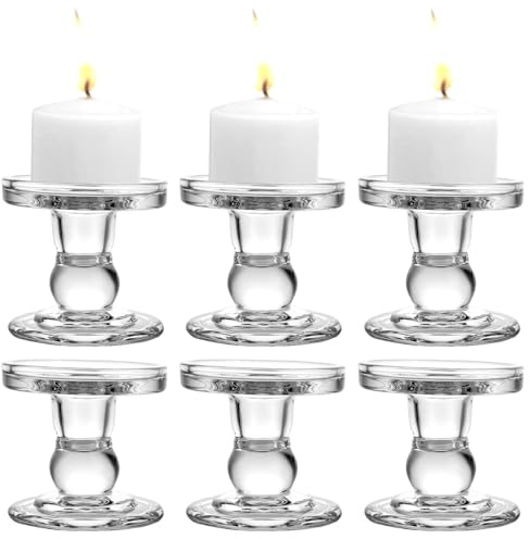 LOPYXBR 6 Stück Kerzenständer Glas Stumpenkerzen (Ø8,5cm x H 8,6cm), Transparente Kristall Teelichthalter Kerzenhalter Glas, Stumpenkerzen Halter für Hochzeit, Essen, Geburtstag