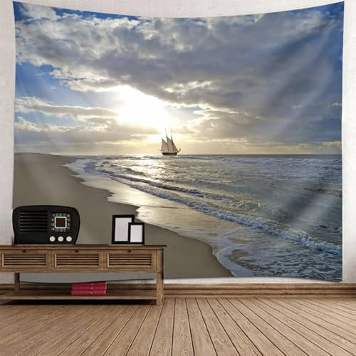 Musihy Meer Strand Wandbehang Wandteppich | Polyester Segelboot Meer Strand Landschaft Wandteppiche für Wohnzimmer, Wohnkultur | Weiß Hellblau, 210x140cm