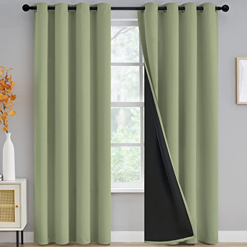 100% Blackout Curtains for Living Room, Thermal Insulated Blackout Drapes 84 inch Length Heat and Full Light Blocking Panels Window Drapes for Bedroom with Black Backing, 2 Panels, Sage, W52 x L84