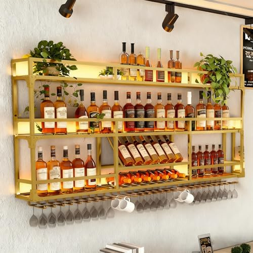 RAJYQODIS Botellero de Pared, Expositor Industrial de Metal con Soporte para Copas, Organizador de Botellas de Varios Niveles para Bar en casa (or, 120CM)