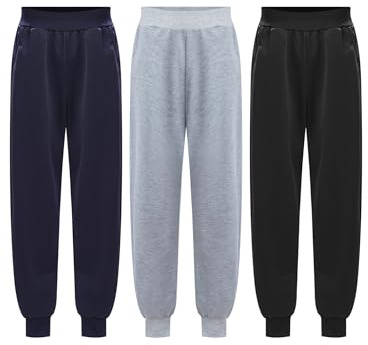 Oyolan Enfant Garçon Lot de 3 Pantalon Survêtement Jogging de Sport Basket-ball Fitness Gym Noir, gris et bleu marine 10-11 ans
