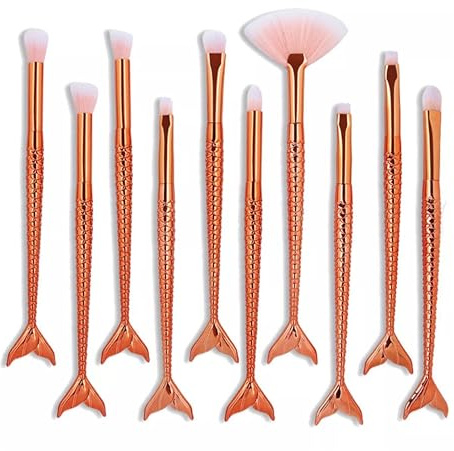 Lizzy 10pc 3D Mermaid Makeup Brushes | Lovely Gradual Cosmetic Brushes for Eyeshadow, Eyeliner, Blush, Blending, Eyeliner, Small Lip, Shader Brush (Rose Gold)