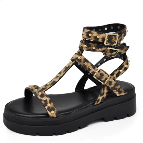 IF Fashion Scarpe Sandali Gladiatore Stivali Estivi da Donna Con Platform Borchie Pelle Sintetica 2772CW leopardato N.40