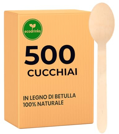 ecodrinks - 500 Cucchiai in Legno di Betulla - Biodegradabili e Compostabili - Design Rustico e Resistente - Per Feste, Eventi, Catering, Ristorazione, Uso Domestico - 16cm