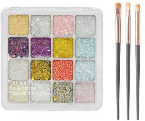 Clawrex Gesicht Glitzer Palette, 16 Farben Schimmer Lidschatten Palette mit 3 Pinsel, Diamant Körper Body Glitzer, Festival Zubehör Glitzerpulver für Haare Gesicht Lippen Nails Halloween Karneval