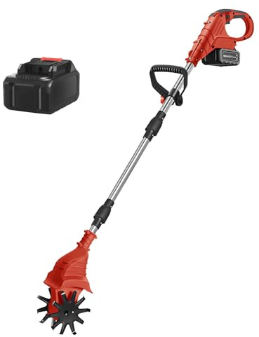 Electric Garden Tiller, with Adjustable Length, Electric Tiller Cultivator (4000mA Battery Powered), for Farm, Park, Garden, Turn Soil,Red-DualBlades-1battery