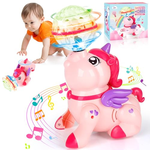 Einhorn-Baby Spielzeug Für Tummy Time - Sensorik Spielzeug Für Säuglinge Mit Musik, LED-Lichtern & 360°Dreh-Krabbelfunktion–Förderung Von Bewegung & Motorik, Geschenke Für Jungen&Mädchen ​​Ab 3（Pink）