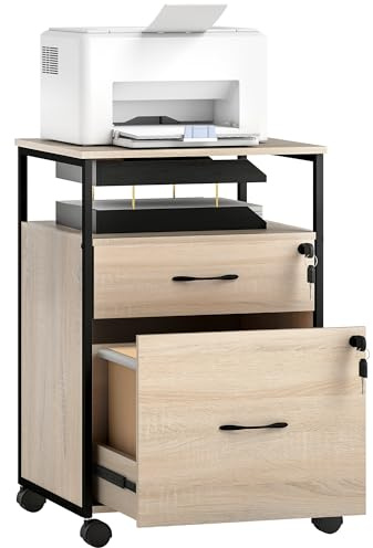 Vinsetto Cajonera de Oficina con 2 Cajones, Cajonera de Escritorio con Ruedas, Barra Colgante, Cerradura y 2 Llaves para A4 Carta, Archivador Móvil para Estudio, 44x40x66,5 cm, Natural