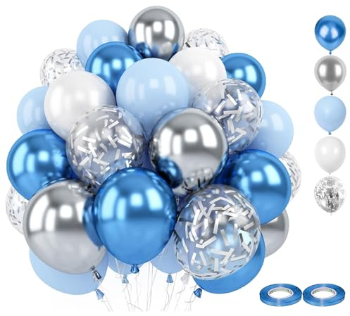 Luftballons Blau Weiß Silber, 60 Stück 12 Zoll Luftballons Geburtstag mit Konfetti Party Ballons, für Herren, Damen Geburtstag Boho Hochzeit Jugendweihe Verlobung