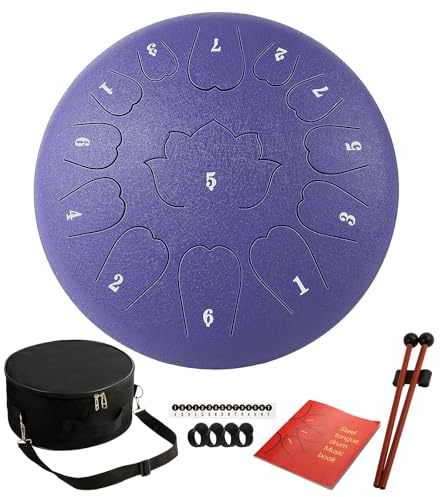 Tambor de lengua de acero, tambor de mano de 13 notas de 12 pulgadas, tambores de lluvia grandes para exteriores con bolsa de mano, libro de música y baquetas de mano (morado)