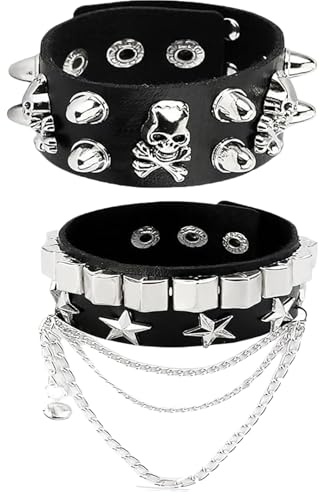 VNIDJGB 3Pcs Punk Rock Leather Bracelet Set,Black Studded Bracelet,80s Leather Spiked Studded Bracelets Cuff Emo Goth Spike Bracelets Adjustable Punk Wrap Wrist for Men and Women Cosplay Party Favors