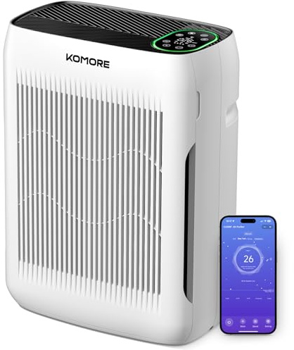 KOMORE Air Purifier for Bedroom, Smart WiFi Hepa Air Purifier for Home, CADR 280m³/h, PM2.5 Monitor, 4 Speed Quiet Sleep Auto Mode with Timer Child Lock Air-purifier for Smoke Pet Odors Pollen