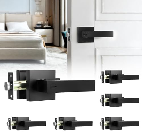 Iryreafer 6 Pack Door Handles Matte Black - Passage Door Knobs Interior Square Door Levers, Heavy Duty Non-Locking Leversets Hall Closet Handles, Reversible for Right & Left Sided Doors