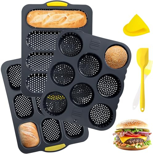 Set of 5 Silicone Hamburger Bun Mold, 4, 6 and 9 Cavities Non-Stick Egg Muffin Baking Pan Flexible Burger Bread Tray Easy to Release Burger Bun Maker for Kichen Baking Cake Pie French Bread
