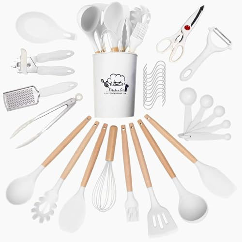 Kitchen Utensils Set, 35Pcs Silicone Cooking Utensils with Holder | BPA Free Dishwasher Safe, Ladles, Spoons and Spatulas, Measuring Cups, Peeler, Grater, Scissor