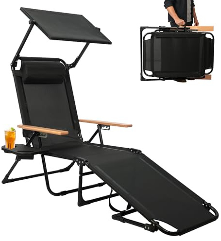 OVLRIJP Sonnenliege Klappbar mit Kopfkissen, Gartenliege Wetterfest, Klappbare Strandliege Campingliege mit Holzarmlehnen, Liegestuhl für Balkon, Garten, Pool & Strand, bis 150kg (Schwarz–mit Dach)