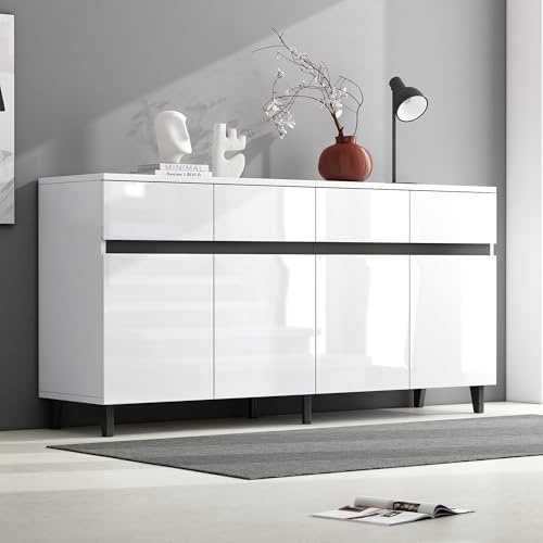 BTM Buffet Brillant, Commode, Haut, 4 Tiroirs, 2 Portes, Étagères Réglables, Meuble D’Angle