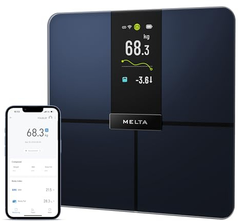 MELTA. Balance Intelligente- Pèse-Personne Connecté Impédancemètre Wi-Fi & Bluetooth 5.0 | Écran TFT Couleur 4,3 | 18 Indicateurs Corporels | App Fitdays+ | 180 kg | Verre Trempé ITO