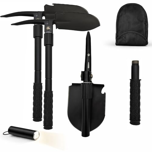 BURI 2 x fällspade 6-i-1 med ficka och ficklampa – vikbar campingspade av rostfritt stål och legerat stål – multifunktions-spade med såg hackkniv – överlevnadsfri camping verktyg