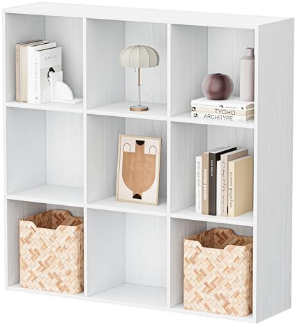 Jpiziso Bücherregal Würfelregal aus Holz mit 9 Fächern, Bücherschrank Standregal mit Geschlossener Rückwand, Aufbewahrungsregal & Raumteiler für Kinderzimmer Wohnzimmer Schlafzimmer Büro, Weiß