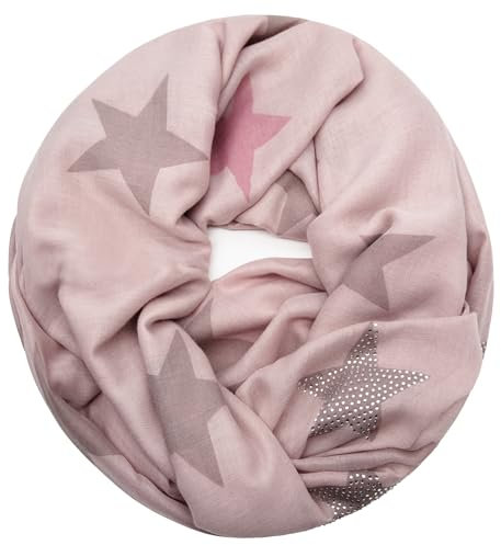 Glamexx24 Loop schal leichter Langschal Sterne Muster Schlauchschal Strass Tuch Viele Farben SC20170401, A4 Rosa, Einheitsgröße
