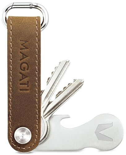MAGATI Leder Key Organizer (Vintage Braun) – Kompakter und eleganter Schlüssel Organizer aus hochwertigem Leder – Mit Edelstahl Multitool – 1 Jahr Code24 Fundservice inklusive