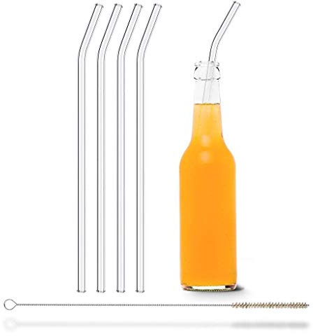 Halm Glas-Strohhalme Wiederverwendbar Trinkhalm - 4 Stück gebogen 30 cm + plastikfreie Reinigungsbürste Spülmaschinenfest - Nachhaltig - Glastrinkhalme für Trinkflaschen, Limo-Flaschen - Glasstrohalme