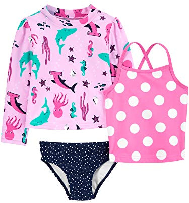 Simple Joys by Carter's 3-Piece Assorted Rashguard Sets Infant-And-Toddler-Sun-Protective-Swimwear, Blu Marino Pois/Rosa A Pallini/Animali Marini, 18 Mesi Unisex-Bambini e Ragazzi