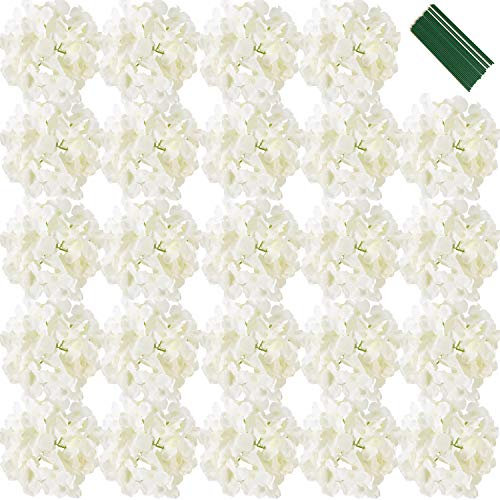 FagusHome 7 inch Silk Hydrangea Heads 30 Pcs Artificial Flowers Heads with Stems Fake Hydrangea Flowers in White for Home Wedding Decor
