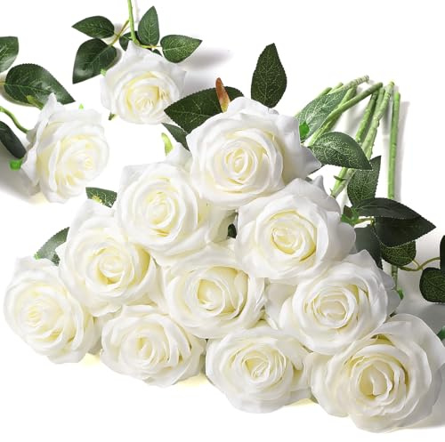 Floralsecret 12 Pcs Artificial Silk Rose Flower Bouquet Faux Flowers Home Wedding Party Decor(White)