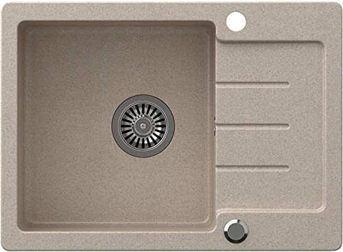 VBChome Évier de cuisine en granit Beige 58 x 43 cm Bonde d'évacuation sous meuble à partir de 50 cm, Evier Cuisine à Encastrer
