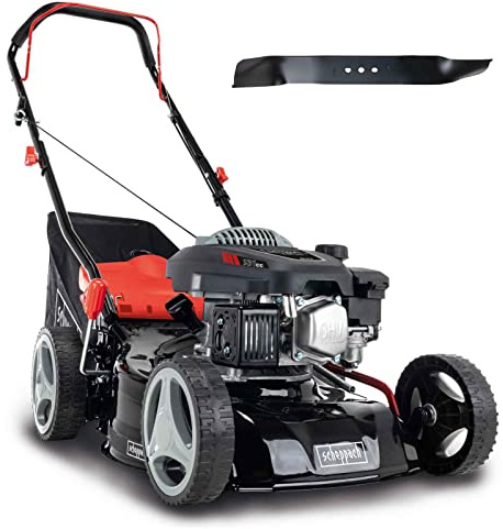 Scheppach Benzin Rasenmäher MP132-42 | Schnittbreite 42cm | 3,3 PS | Stahlgehäuse | Reinigungsfunktion | 45 Liter Fangkorb | Höhenverstellung in 7 Stufen (25-75mm) | inkl. 2.Mäh-/Mulchmesser