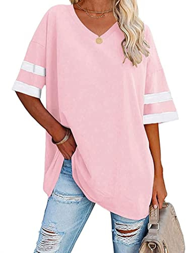 Famulily Maglietta da donna casual a mezza manica con scollo a V, comoda maglietta da baseball oversize, rosa, M