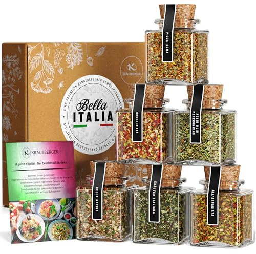 KB KRAUTBERGER BIO Coffret Cadeau Italien Bella Italia I 6 Herbes & Épices Italiennes Cadeau Fête des Mères I Coffret Cadeau Italie Qualité Bio + Recettes - Cadeau Fête des Pères Idée Cadeau