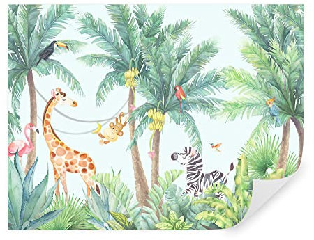 TAPEKO Papel Pintado Infantil 310x210 cm Selva Tropical Jirafa Cebra Monos Pájaros Fotomurales para Niños y Niñas Prémium Interior Papel Pintado Pared u62123