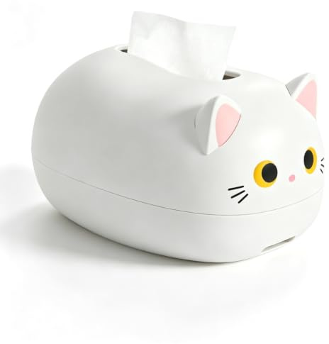 Cyrank Cartoon-Katzen-Taschentuchbox, Taschentücher Box, Kunststoff Kawaii Katze Taschentuchbox, Cartoon Katze Tissue Box, Taschentuchspender Für Badezimmer-Waschtische, Schlafzimmer-Kommoden(Weiß)