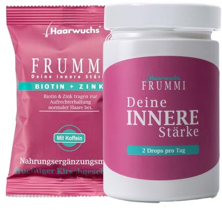 Frummi Haar-Vitamine - 30 Tage | Haarwuchs | + Haargummi | Vegan | Biotin, Zink, Koffein, B-Vitaminen | In Deutschland hergestellt (mit Nachfüll-Glas)