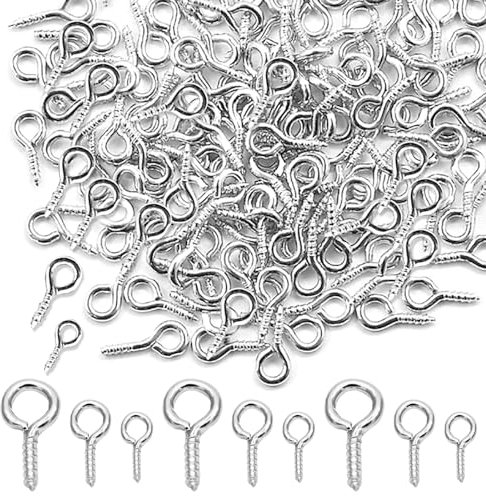 Feibety Screw Eye Pins and Hooks, 300Pcs, 3 Sizes, Silver Mini Metal Eye Bolts, DIY Crafts Hanging Ornament