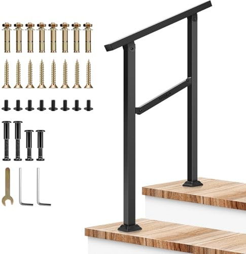 VIVOSUN Outdoor Handrail, 2 Step Stair Handrail, 26 × 36 Fits 1 to 2 Steps, Wrought Mattle Iron Handrail for Concrete Steps, Porch Steps, One-Step Assembly, Black