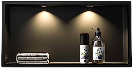 Bernkot Wall Recess Shower Stainless Steel with LED Downlight, 60 cm x 30 cm, Waterproof, No Tiles Required, Bathroom Storage, Niche, Matt Black