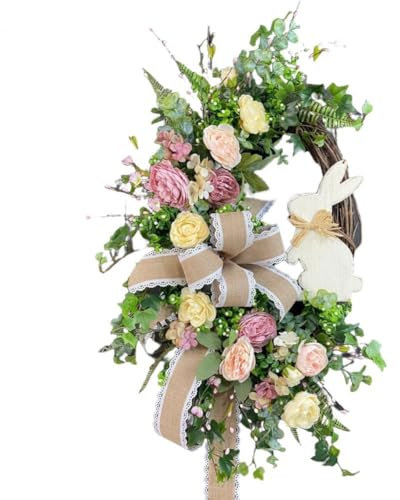 Couronne de Pâques, couronne de lapin de Pâques, couronne de décoration de Pâques, couronne de porte d'été pour porte d'entrée, couronne artificielle de Pâques à suspendre pour porte d'extérieur (A)