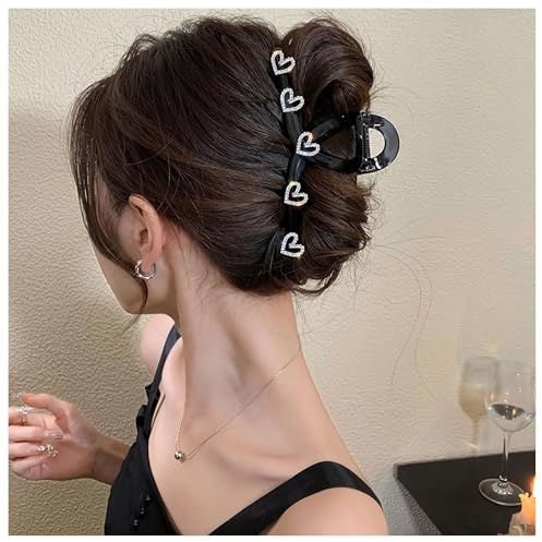 Haarklammer mit Kristallherz, Strass, Liebe, Herz, Haarklammer, französischer starker Halt, Haarstyling-Zubehör für Frauen und Mädchen (Schwarz B)